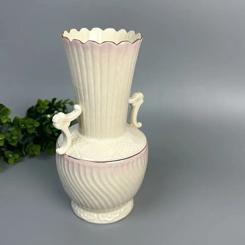 Vintage Belleek Porcelain Vase with Light Pink Glaze & Embossed Patterns 8